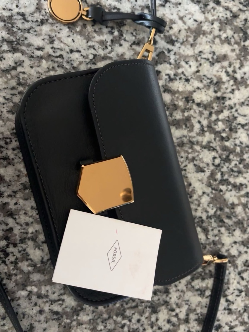 Fossil Black Leather Key & Card Holder with Gold Hardware
